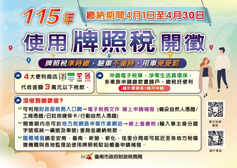 臺南市府提醒4月1日牌照稅正式開徵　多元繳納方式提升便利性　電子稅單落實環保與數位化