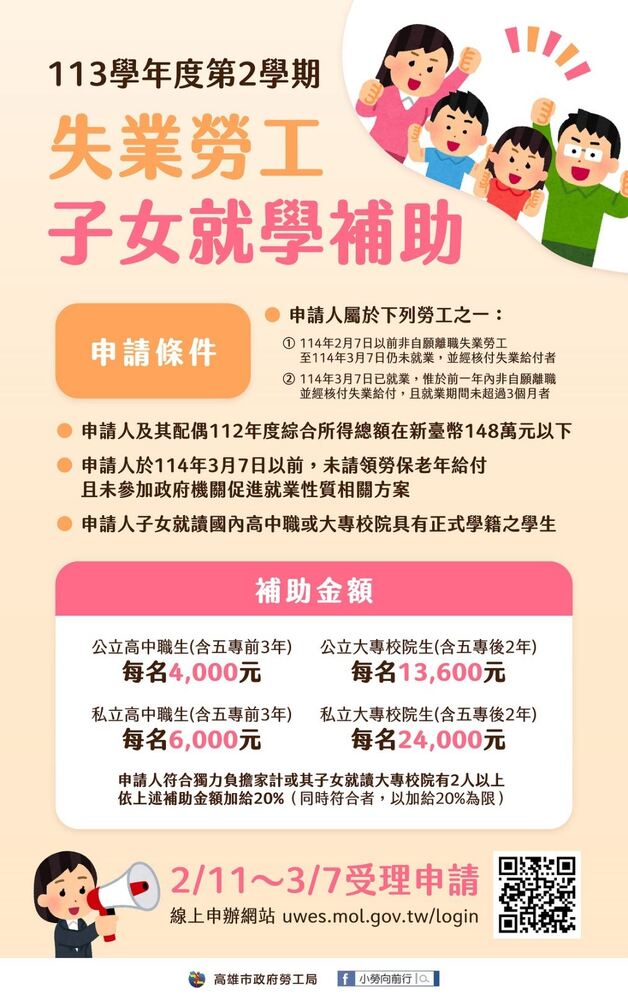 高市勞工局提醒113學年度第2學期「失業勞工子女就學補助」開始受理申請