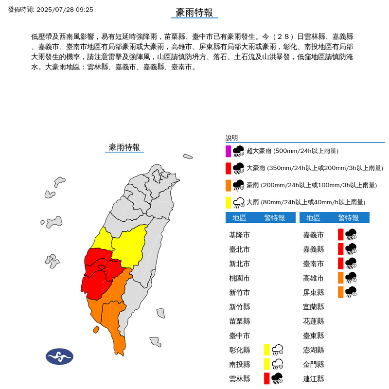 豪大雨增強  嘉義縣全縣 雲林水林鄉 台南後壁 今天停班停課