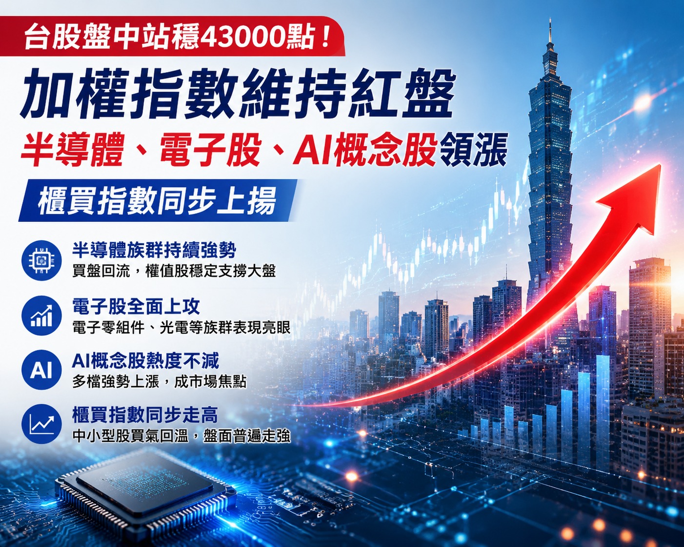 台股盤中站穩43000點！加權指數維持紅盤　半導體、電子股、AI概念股領漲，櫃買同步上揚